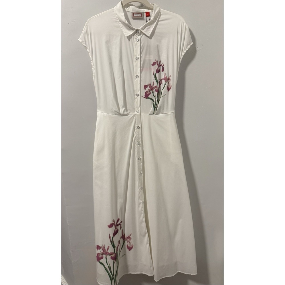 NWT Hunter Floral Faux Embroidery Midi Shirt Dress Button Front Pockets Belt M - Picture 2 of 16